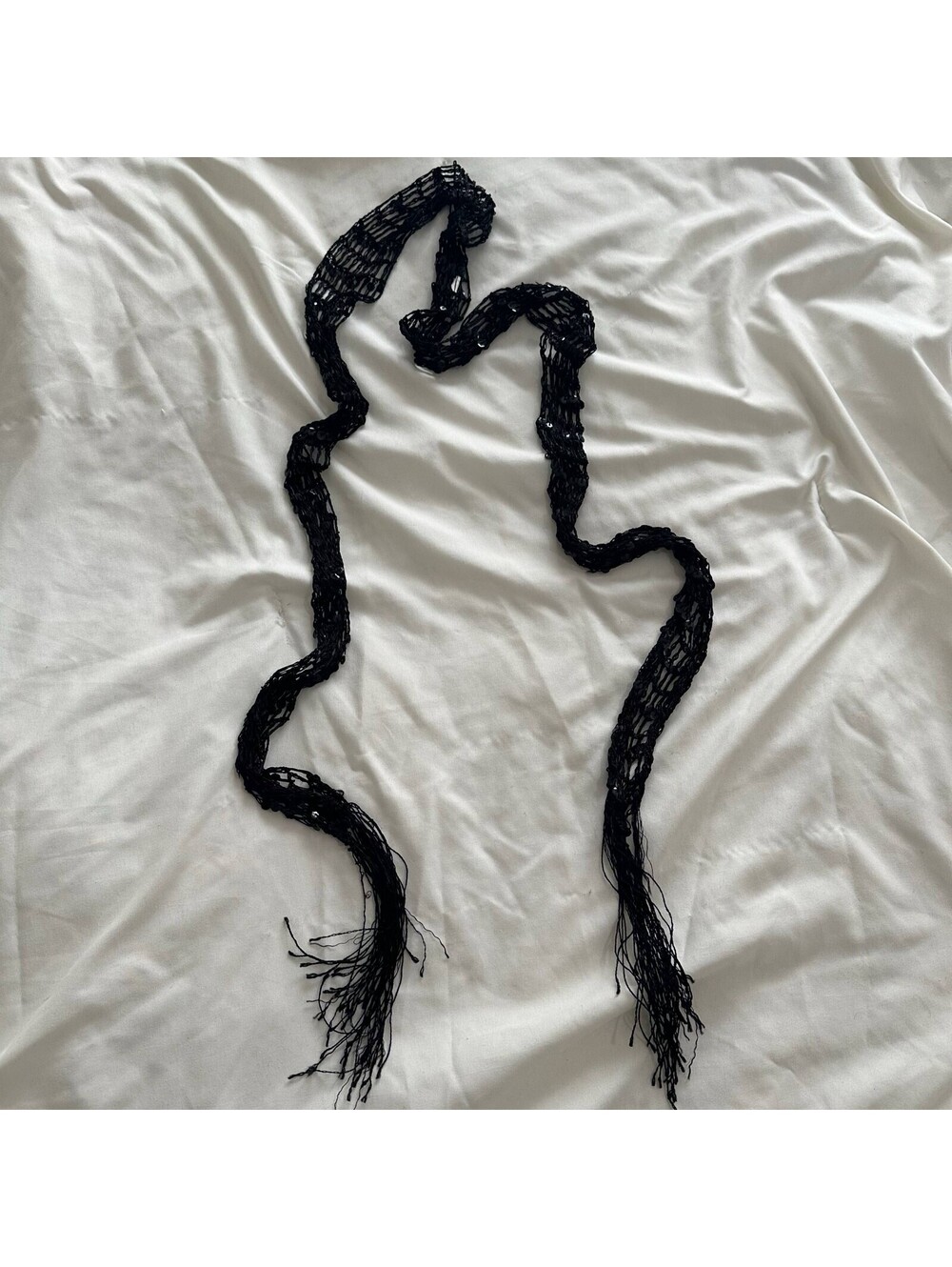 Y2K Festival Black Crochet Skinny Scarf with Sparkly Sequin Details & Fringe
